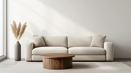 Poster - Warm sunlight illuminating minimalist living room with beige sofa and wooden coffee table