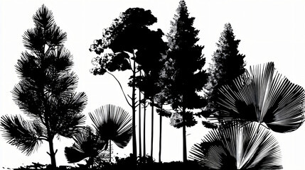Black vector set of tree silhouettes illustration pine, and palm leaves in a nature-inspired design