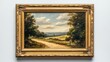 © Awut - Classic landscape oil painting depicting a scenic countryside view with trees, rolling hills, a cloudy sky, and a vintage ornate gold frame on a light wall