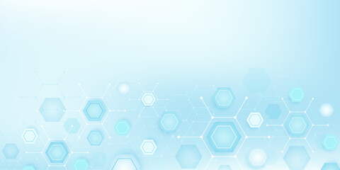 Wall Mural - health care or medical abstract background with hexagons, lines and dots. scientific innovation bann