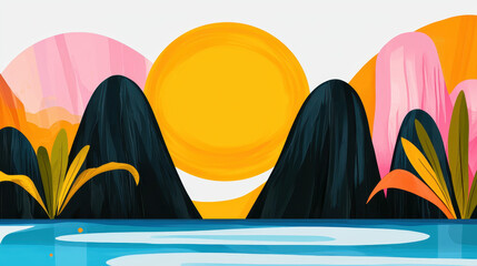 Wall Mural - tranquil river valley illustration featu a bright yellow sun reflecting on the water with ample copy