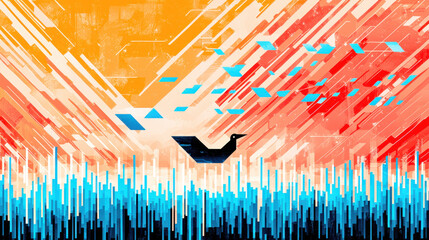 Wall Mural - an abstract silhouette of wildlife is featured in an artistic illustration against a sunset backdrop