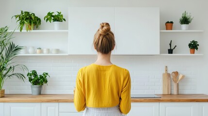 Poster - Woman wearing yellow shirt contemplating modern minimalist kitchen with houseplants