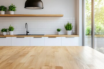 Poster - Empty wooden table in a modern rustic kitchen with natural light