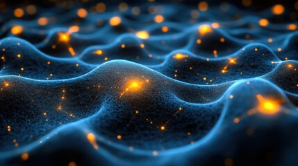 Wall Mural - Abstract digital waves, glowing particles, dark background, scientific visualization