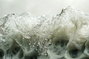 Abstract close-up of foamy substance resembling a surreal landscape, with intricate bubble formations and delicate web-like structures.
