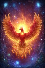 Wall Mural - A fiery phoenix rises majestically amidst cosmic stars, radiating light and energy in a vibrant, mystical space.
