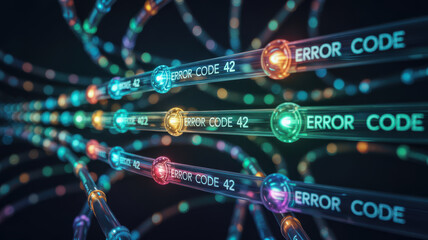 Agentic ai technology visualizes error code 42 in glowing tubes representing digital data flow and futuristic network communication system