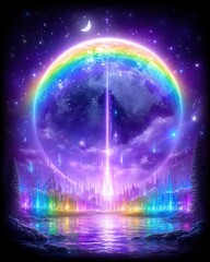 Wall Mural - A vibrant, futuristic city glows under a giant rainbow moon, with colorful lights reflecting on a tranquil lake beneath a cosmic, star-filled sky.