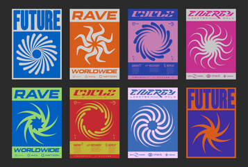 Aufkleber - Set of Abstract Y2k Posters Vector Design. Cool Futuristic Placards. Streetwear Surreal Rave Graphic Elements. Brutalist Retro Vintage Pattern.