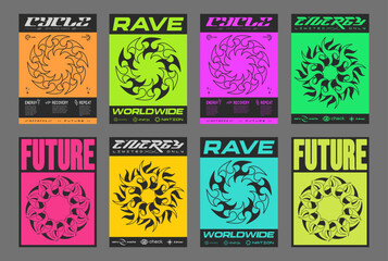 Poster - Set of Abstract Y2k Posters Vector Design. Cool Futuristic Placards. Streetwear Surreal Rave Graphic Elements. Brutalist Retro Vintage Pattern.