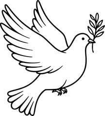 a black and white vector logo outline of a peace dove carrying an olive branch icon