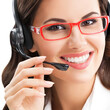 © vgstudio - Contact Call Center Service. Portrait image - customer support sale agent. Phone operator, saleswoman, doctor medical woman wear microphone headset, red eyeglasses glasses, isolated white background