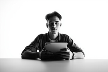 studio-quality realistic image of a young man holding a tablet with both hands, sitting at a desk, looking slightly sideways, front view, no background, sharp focus
