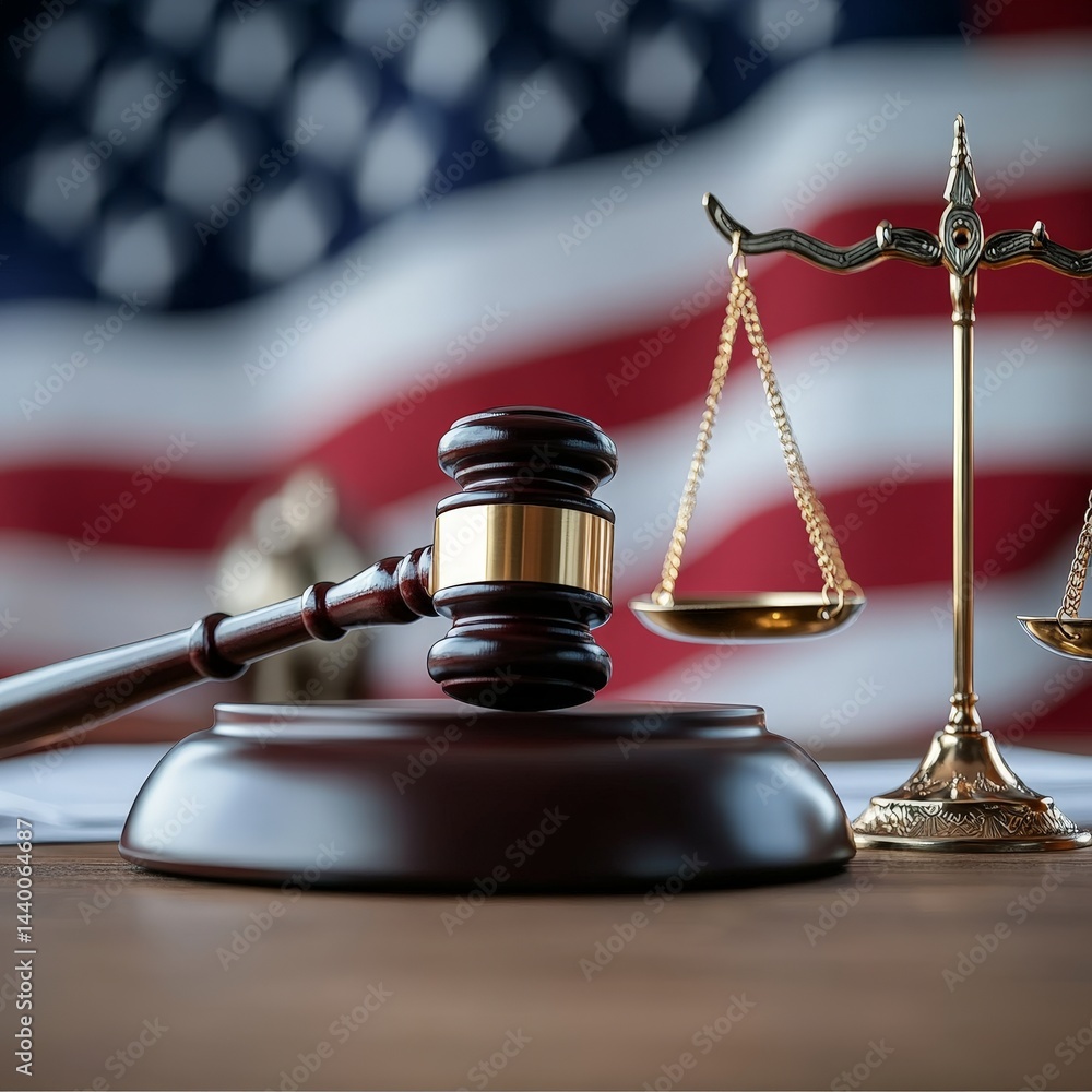 Gavel and Scales of Justice with U.S. Flag, Symbolizing Law and Order ...