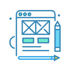 Website Mockup Design with Pencil, Wireframe, and Arrow Icon Illustration