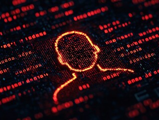 a digital silhouette of a person is outlined with glowing red code on a dark background, symbolizing