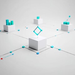 Poster - Abstract Network Visualization with Cubes, Connected Nodes, and Data Representation on White Background.