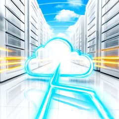 Aufkleber - Cloud Computing Architecture: Data Center with Cloud Symbol and Blue Sky Background