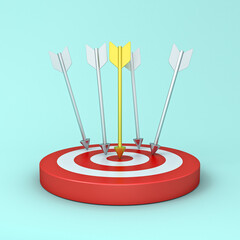 Aufkleber - Gold arrow hitting straight to the center of goal target dartboard isolated on blue pastel color background stand out from the crowd the different business creative idea concepts 3D rendering