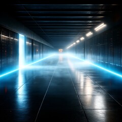 Fototapete - Futuristic Server Room Corridor with Blue Neon Lighting and Reflections: A Glimpse into Modern Data Infrastructure