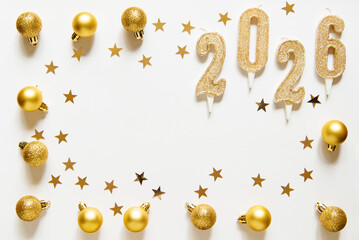 Wall Mural - christmas frame with gold balls, candles 2026 and stars on white background