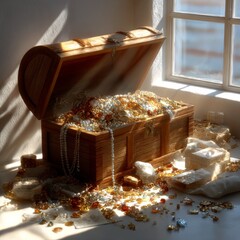 Aufkleber - Sunlit Treasure Chest Overflowing with Gold and Jewels Near a Window, Antique Wealth and Dreamy Light 