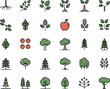 © al - Trees line icon set. Vector pictograms of roots, branches, leaves, fruit, apple, orange, evergreen, tropical, thin linear illustration.