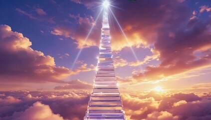 Wall Mural - Mystical crystalline staircase ascending into golden clouds at sunset for inspirational design