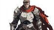 © Maman - A stern, battle-worn knight in weathered armor and a red cape.
