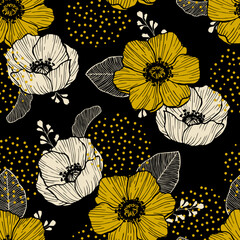 Wall Mural - Floral retro background. Botanical seamless pattern. 