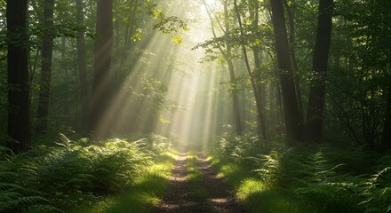  Sunbeams Shining Through Forest Path with Greenery