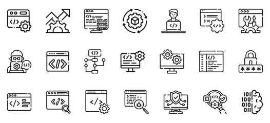 Coding, development,  concept outline icons set isolated on white background flat vector illustration. 
