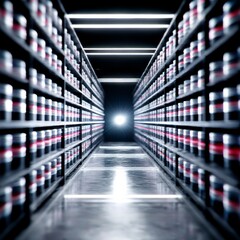Poster - Digital Archive: Abstract Perspective of Data Storage Shelves Leading to a Central Light Source.