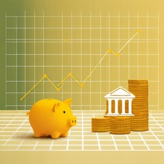 Poster - Financial Growth and Savings: Piggy Bank, Coin Stacks, and Bank Symbol Displaying Positive Trend on a Graph Background