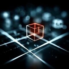 Leinwandbilder - Glowing Red Cube on Blue Luminous Grid - Abstract Technology and Futuristic Design with Bokeh Light Effect