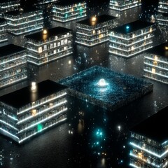 Poster - Illuminated Cybernetic Cityscape with Central Energy Core, Modern Abstract Architectural Visualization