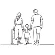 © firoz - Happy family in continuous line art drawing style. Back view of parents with one child holding hands and walking together black linear sketch Ruler icon Vector Black silhouettes. with white background