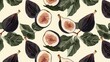© Eireen - Vibrant pattern with fresh purple figs and pink flesh slices with seeds and green leaves on white background
