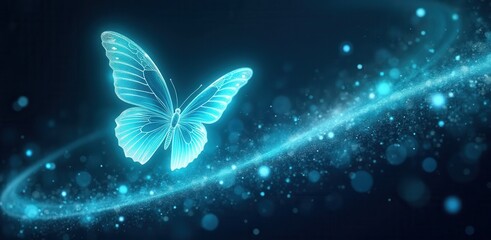 Poster - A glowing blue butterfly floats amidst sparkling particles and a swirling light trail on a dark background.
