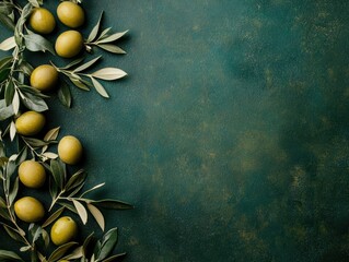 Poster - Green olives with leaves on rustic dark green textured background studio shot of fresh mediterranean fruits