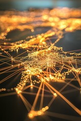 Aufkleber - Golden network connecting digital nodes futuristic technology abstract rendering with warm lights background