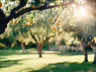 Poster - Serene orchard ambiance with lush trees ripening fruits sunlit idyllic botanical garden scene peaceful morning glow