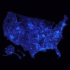 Poster - United States Map Dotted Glow Digital Illustration High Angle Shot Black Background Modern State