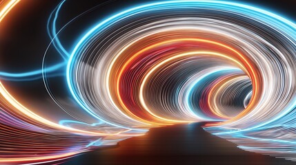 Fototapete - Abstract futuristic tunnel with neon glowing lines in blue, orange, red colors on black background. 3D rendering illustration of abstract space portal with glowing curved stripes. Vector design elemen