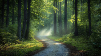  Forest path illuminated by soft sunlight filtering through trees