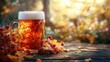 © akun - Aromatic autumn beer mug with crisp, golden beverage and fall foliage backdrop