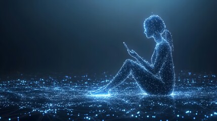 Leinwandbilder - A woman sits cross-legged in a blue, glowing digital world, absorbed in her smartphone. The futuristic scene evokes connection and calm. Perfect for tech themes. Abstract wireframe in dark blue