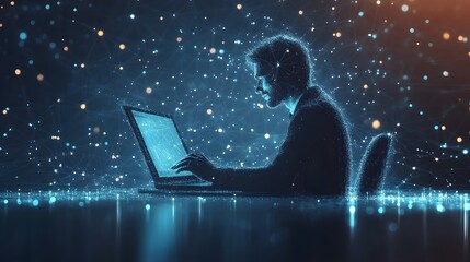 Fototapete - Futuristic digital depiction of a man using a laptop in a networked environment. The mesh-like structure emphasizes connectivity and a high-tech aesthetic. Abstract wireframe in dark blue.