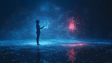 Aufkleber - A silhouetted figure interacts with a glowing tablet in a mesmerizing digital world. Connected particles of blue and red create a network of light. Abstract wireframe in dark blue.